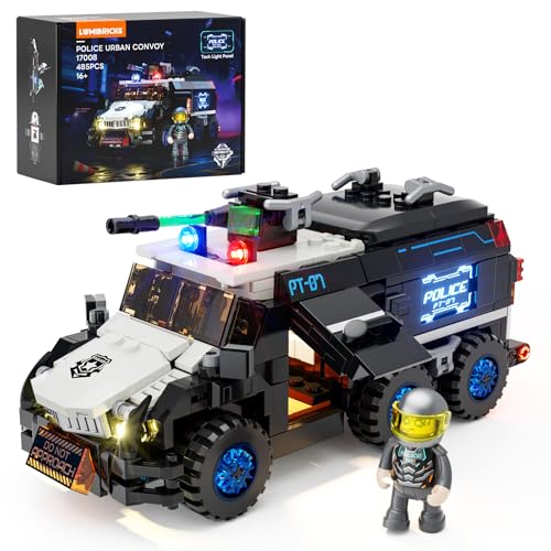 LUMIBRICKS Cyberpunk Neoncity Police Urban Convoy Licht-Bausteinset 485 Teile Cyberpunk Polizei-Transporter mit LED-Beleuchtung Flugmodus & beweglichen Funktionen Bauset für Erwachsene und Jugendliche