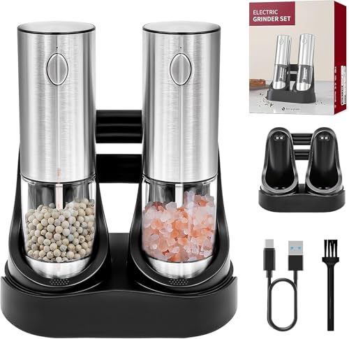 Set macina sale e pepe elettrico con base ricaricabile, macinapepe automatico con luce LED, in acciaio inox, per casa, cucina, grossolanità regolabile, funzionamento con una sola mano
