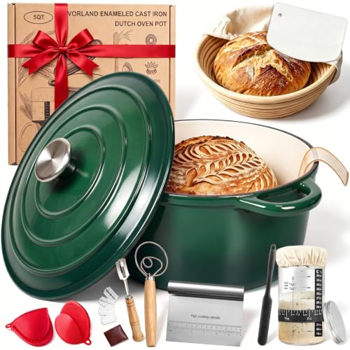 Image of Enameled Cast Iron Dutch Oven Pot with Lid 5.5QT, Sourdough Bread Baking Supplies with Banneton Bread Proofing Basket Set & Starter Jar, Unique Dutch Oven for Bread Baking (Gradient Green)