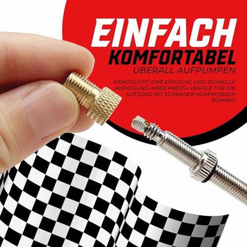 Pitlane Performance® Bike Valve Adapter Set – Brass Adapters for Presta Valves – 2 Presta-to-Schrader Adapters + 2 Valve Caps for Bicycles, E-Bikes & Scooters (Set of 5 (Including Keychain))