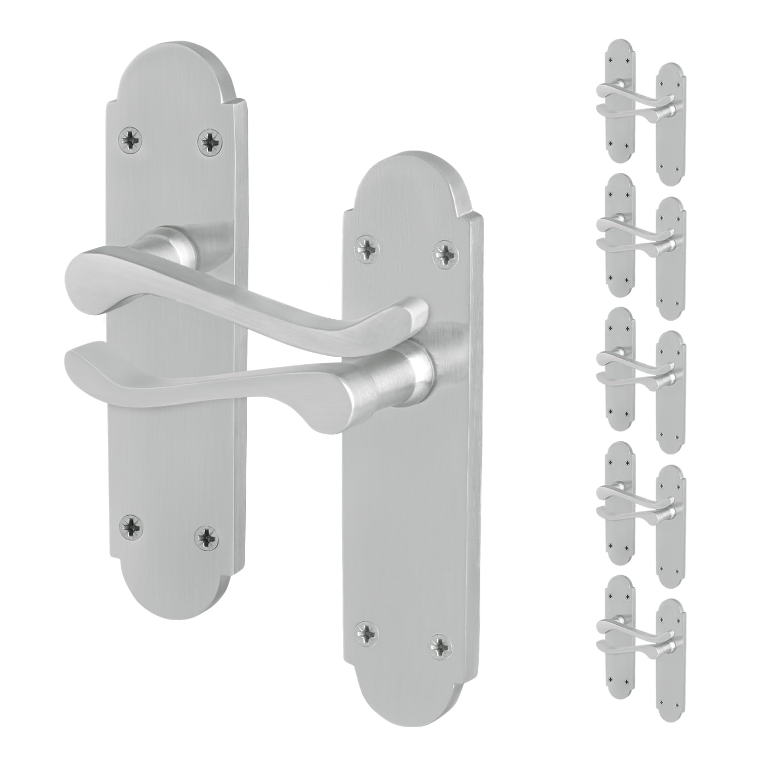 EAI Satin Door Handles Latch, 6 Pairs of Internal Satin Chrome Victorian Scroll Shaped Backplate Handles
