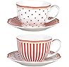 Grace Teaware Red Dot Stripes Scallop 9-Ounce Porcelain Tea/Coffee Cup and Saucer, Set of 2