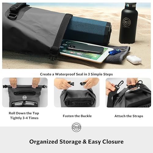 Image of STOVER 5 /10 /25 /30 /40L Waterproof Dry Bag & Phone Case - Large Floating Dry Backpack for Kayaking, Travel, Hiking, Fishing, Camping, Motorcycles & Beach, Heavy-Duty Roll Top Men /Women (Black)