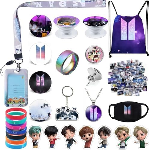 eTel Like BTS Gift Set Including Drawstring Bag, Backpack, Necklace, Earrings, Rings, Bracelets, Face Masks, Button Pins, Lanyard, ID Holder, Key Chain, Phone Ring Holder