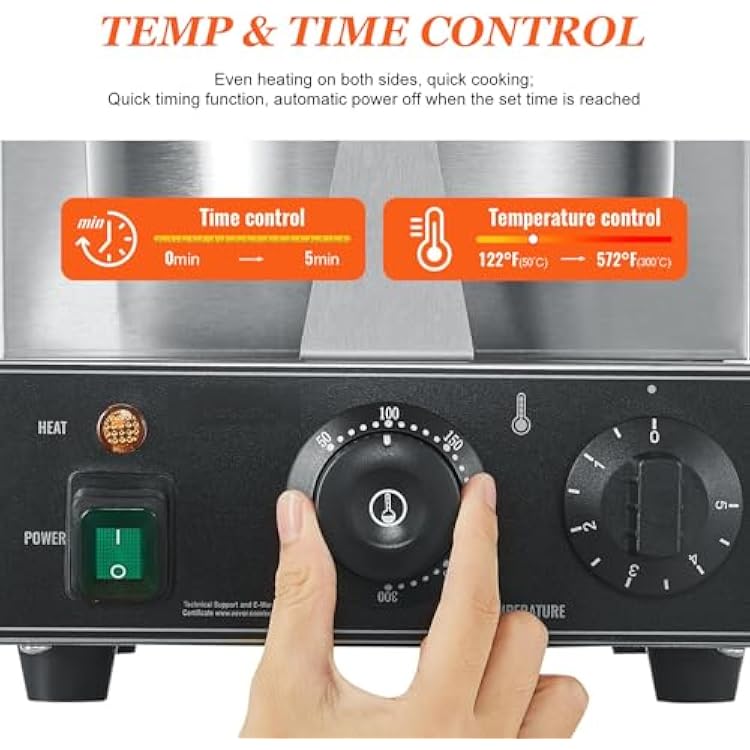 Commercial Electric Ice Cream Cone Maker Machine, 1200W Waffle Cone Maker Stainless Steel with Time & Temperature Dual Control, Nonstick Egg Roll Mold,Single-220V