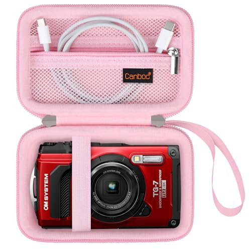 Canboc étui de Transport pour Om System Tough TG-7 / TG-6 caméra sous-Marine, Sac de caméra imperméable, Poche Maille à Fermeture éclaire Convient câble USB, Batteries, Rose (étui Seulement)