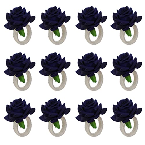Napkin Rings, 12PCS Rose Napkin Rings Artificial Flower Napkin Holders Napkin Preservation Serviette Buckles Table Napkin Plate Decoration Restaurant Dining Setting (Navy Blue)