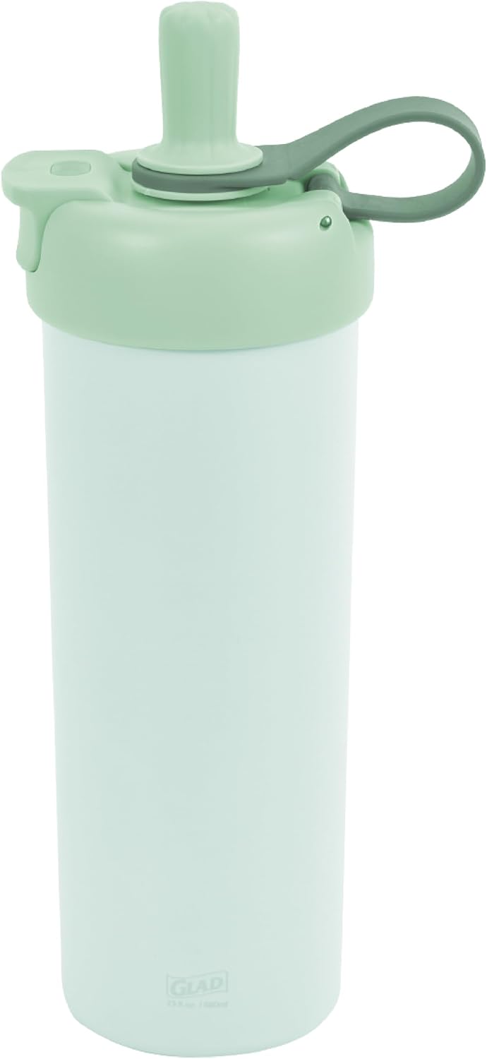 Glad Sip & Chug Insulated Water Bottle - Skinny Stainless Steel Tumbler with Straw and Chug Lid - Leak Resistant Double Walled Metal for Hot and Cold Drinks, 23oz, Green