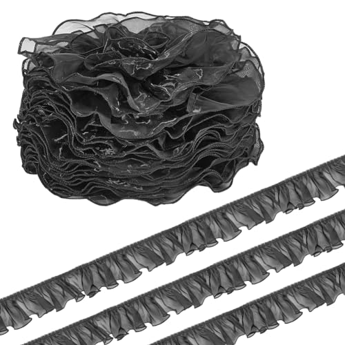 HOBBIESAY 6.56 Yard/6M Black Ruffle Ribbon Lace Polyester Pleated Lace Trim Satin Ruffled Ribbon for Dress Collars Sleeves Decoration Throw Pillow Halloween Cosplay Costume Decor