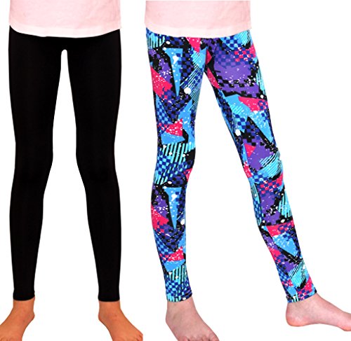 Girls Leggings, High Waist, Full Length, Blue Triangles Graphic Prints & Black