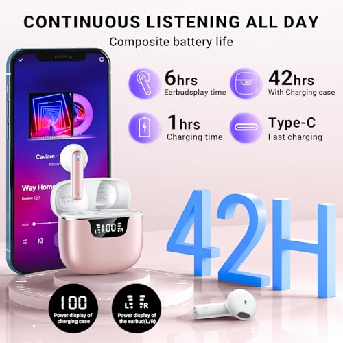 Image of Wireless Earbuds, Bluetooth 5.4 Headphones with 42H Ultralight Ear Buds,Bluetooth Earbuds with 4 ENC Noise Cancelling Mics, HiFi Deep Bass Dual LED Display USB-C, Waterproof Earphones for Android iOS