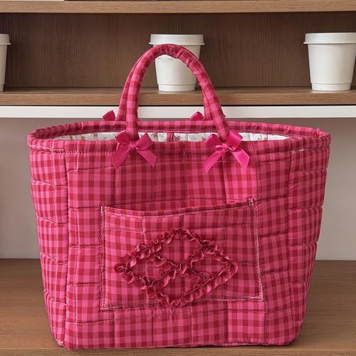 Image of Quilted Fabric Basket Car Storage Basket Boho Floral Laundry Hamper for Nursery Bedroom & Living Room | Organize Clothes Toys (Hot Pink Gingham Check)
