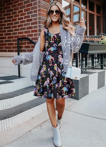 Image of uideazone Women Funny Print Sleeveless U Neck A Line Casual Midi Dress | Soft Stretchy Breathable Fabric Flared Swing Sundress Fitted Waist for Daily Wear 80 /90s Themed Party Beach Vacation Trips