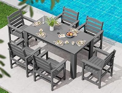 SERWALL Patio Dining Set for 6, Outdoor Dining Sets for 6 Person with 1 Umbrella Hole Cut-Out Rectangular Table and 6 Chairs, HDPE Dining Sets for Garden, Backyard, Poolside, Gray