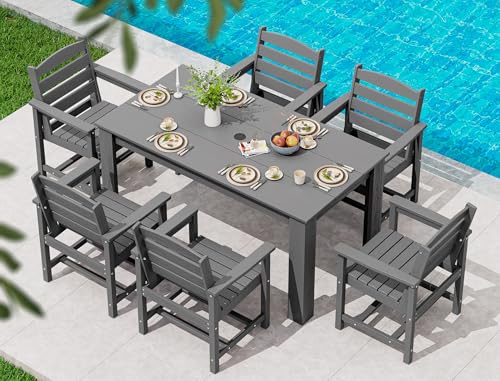 SERWALL Patio Dining Set for 6, Outdoor Dining Sets for 6 Person with 1 Umbrella Hole Cut-Out Rectangular Table and 6 Chairs, HDPE Dining Sets for Garden, Backyard, Poolside, Gray SERWALL Patio Dining Set for 6, Outdoor Dining Sets for 6 Person with 1 Umbrella Hole Cut-Out Rectangular Table and 6 Chairs, HDPE Dining Sets for Garden, Backyard, Poolside, Gray