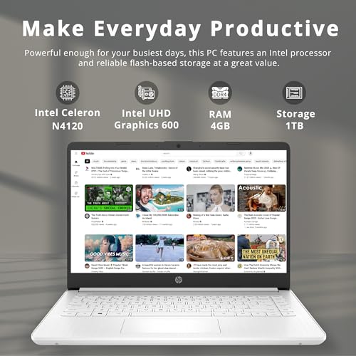 Image of HP Stream 14 inch HD Business Laptop, Intel Celeron N4120, 4GB RAM, 1TB Storage (64GB eMMC + 1TB Docking Station Set), Intel UHD Graphics, 720p Camera, Wi-Fi, 1 Year Office 365, Win 11 Home, White