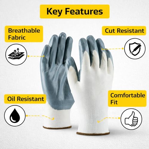 Image of 10 Pcs Reusable Multipurpose Nitrile Coated, Nylon Poyster Cotton Yarn Knitting, Safety Work Gloves For Men and Women - Gardening Hand Glove - Industrial Work, Cut-resistant, (5 Pairs Pack)