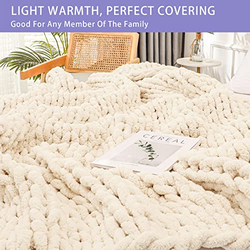 Bigacogo Chunky Knit Throw Blanket for Couch, 80x90 inches, 100% Hand Knitted with Thick Jumbo Chenille Yarn, Cozy Soft Large Rope Knot Cable Crochet Blankets for Sofa Bed Living Room, Beige