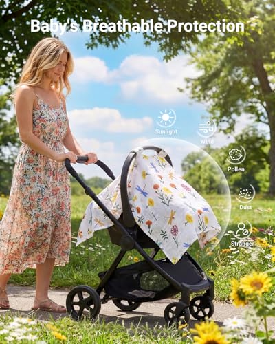 Image of Rquite Infant Car Seat Cover for Babies Girls, 100% Muslin Cotton Carseat Canopy, Breathable Stroller Sun Shade, Baby Shower Gift & Newborn Essentials, Universal Fit Summer & Hot Weather (Floral)