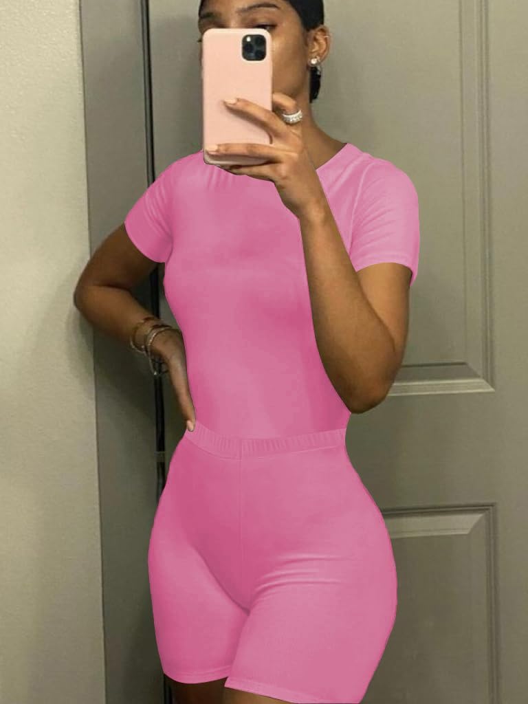 Lounge Wear Casual 2 Piece Outfits Sets for Women Skinny Crew Neck T-shirt High Waist Leggings Shorts Workout Set - Image 4