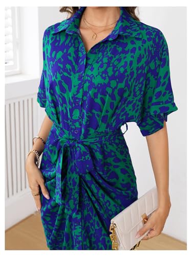 Image of MakeMeChic Women's High Waist Belted Shirt Dress High Split Printed Collar Neck Short Sleeve Midi Dress