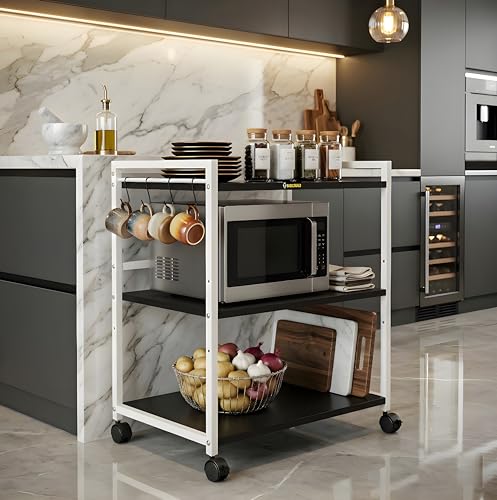 Image of Microwave Stand with Storage & Wheels | Heavy Duty 3-Tier Kitchen Rack for Oven, Appliances, Spices & Utensils | Multipurpose Rolling Trolley | Space Saving Organizer for Kitchen & Home