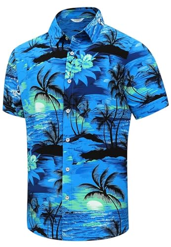 SheLucki Hawaiian Shirt for Men, Unisex Summer Beach Casual Short Sleeve Button Down Shirts, Printed Palmshadow Clothing Palm Tree Blue L