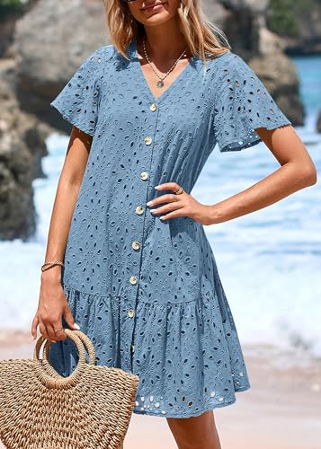 Image of KIRUNDO Eyelet Dresses for Women Button Down Mini Babydoll | 2026 Summer Short Sleeve Boho Sundress, Loose Fit V Neck Short Dress With Pockets, A Line, Cruise Beach Vacation Outfits