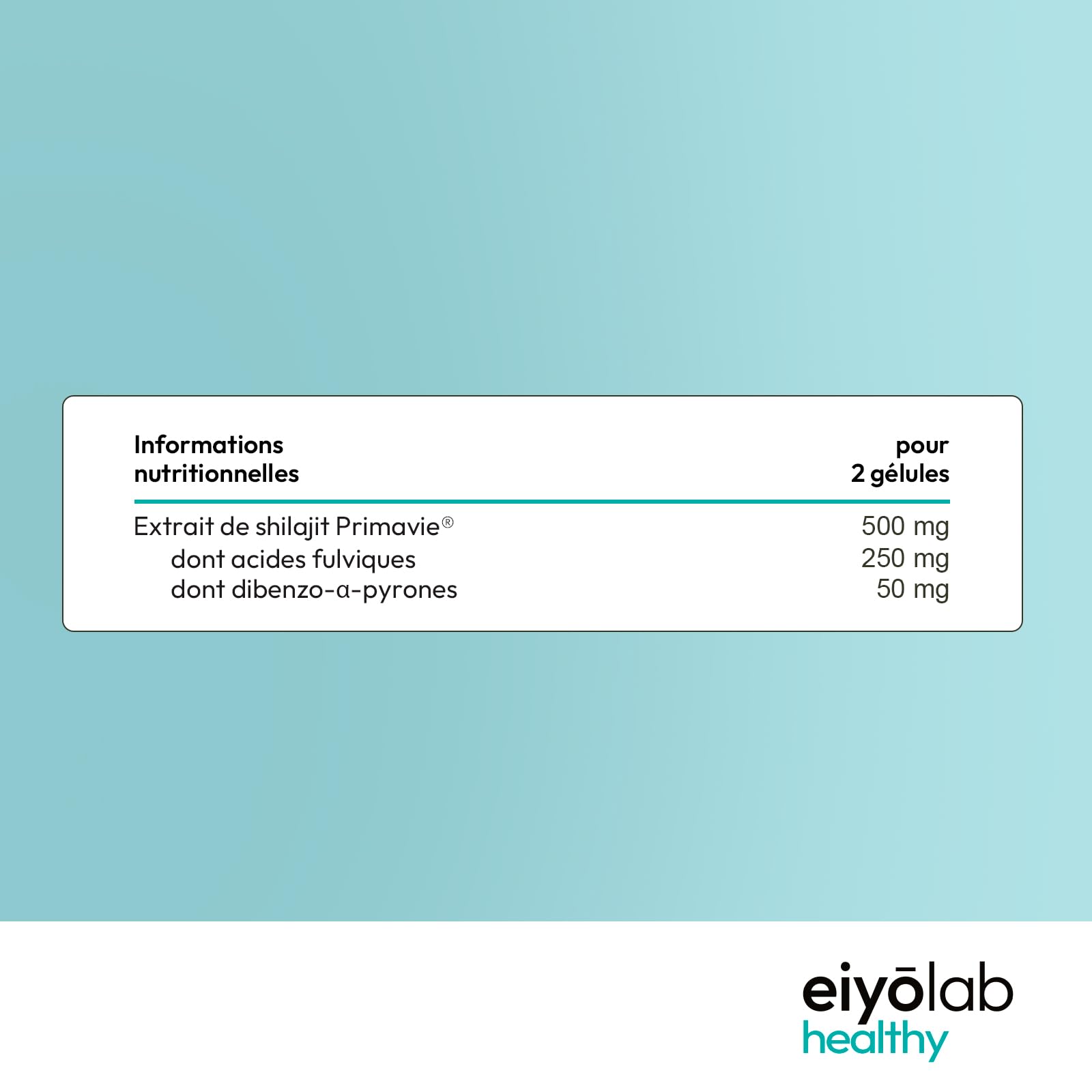 Shilajit Breveté PRIMAVIE® | Extrait Pur en Gélules | Immunité, Musculation et Articulations | Riche en Acide Fulvique (50%) et en Acide Humique (10%) | 60 Gélules Végétales | Eiyolab