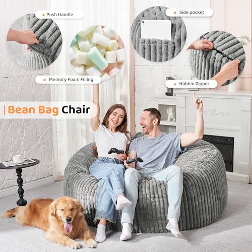 Image of HABUTWAY 5FT Bean Bag Chair, 5' Large Bean Bag Chairs for Adults with Removable Stripe Plush Cover, Memory Foam Beanbag Chair for Living Room Bedroom Dorm (Grey)
