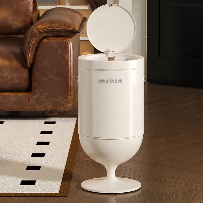 Image of MRBIN Metal Bathroom Motion Sensor Trash Can with Lid, 5.3 Gallon Wine Glass Shaped Automatic Waste Basket Touchless, Smart Round Tall Garbage with High Leg for Office, Bedroom, Kitchen, Cream White