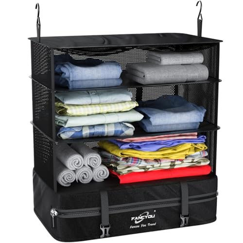 Fancyou Travel Gear Hanging Packing Cubes for Suitcase Organizer Bags Set, Compression Packing and Unpacking In One Step for Travel Essentials, Portable Closet 4-Shelf X-Large 18 * 12 * 24in(Black)