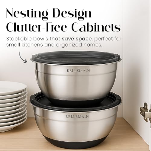 Image of Bellemain Mixing Bowls with Lids Set - Stainless Steel Mixing Bowls with Airtight Lids - Food Storage Containers - 3PCS Set with Non-Slip Bottoms Kitchen Essentials for Baking - Serving