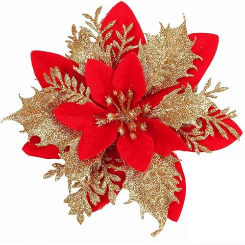 Bacucine 24PCS Poinsettia Flor Purpurina Flores Artificiales de Navidad con Clips Tallos Poinsettias Decoraciones de Navidad para el Hogar Decoración del Árbol de Navidad Corona de Navidad (Rojo)