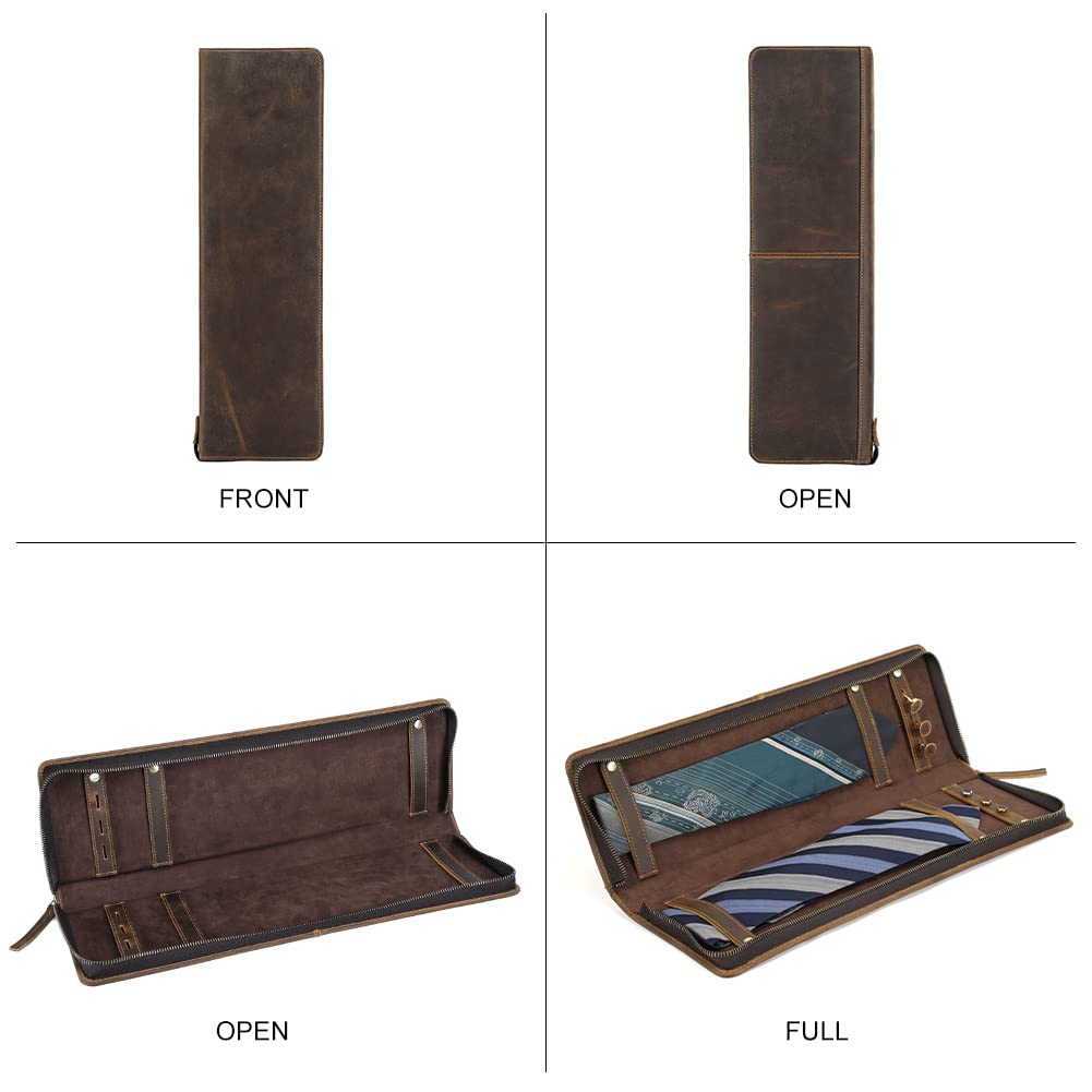 Hiram Scatola porta cravatte in vera pelle, organizer portatile per cravatte per viaggiatori d'affari, 4003-caffè, For 2 Ties, Custodia per cravatte