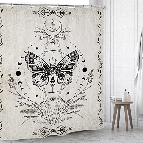 Omifly Vintage Butterfly Shower Curtain 60Wx72H Inch Retro Moth Bathroom Set Black White Gothic Unique Wildflower Moon Phase Floral Goth Sketch Modern With 12 Hooks Fabric Waterproof Accessories Decor #TOP1