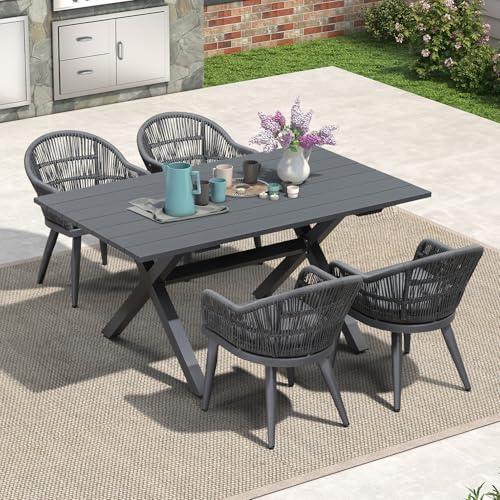 Image of PURPLE LEAF 5 Pieces Patio Dining Set with Outdoor Aluminium Dining Table and Woven Chairs Modern Metal Furniture Cushions Sets for Garden Yard Indoor Decor Kitchen Gray