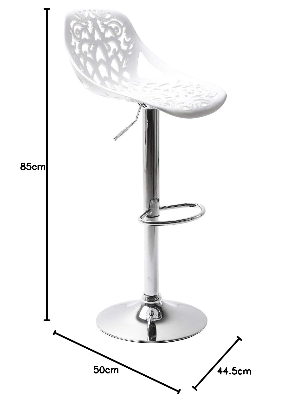 Kare Design Barhocker Ornament, moderner, massiver Design-Tresenstuhl mit Rückenlehne, höhenverstellbar, mattweiß-silber, chrom, 50 x 44.5 x 85 cm (H/B/T)