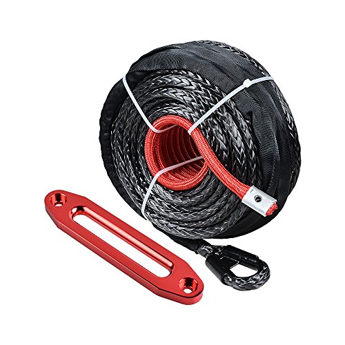 amopacorp 95 feet 3/8 inch 20500lbs Synthetic Winch Rope with Protective Sleeve and 10 inch CNC Machine Aluminum Anodized Red Hawse Fairlead