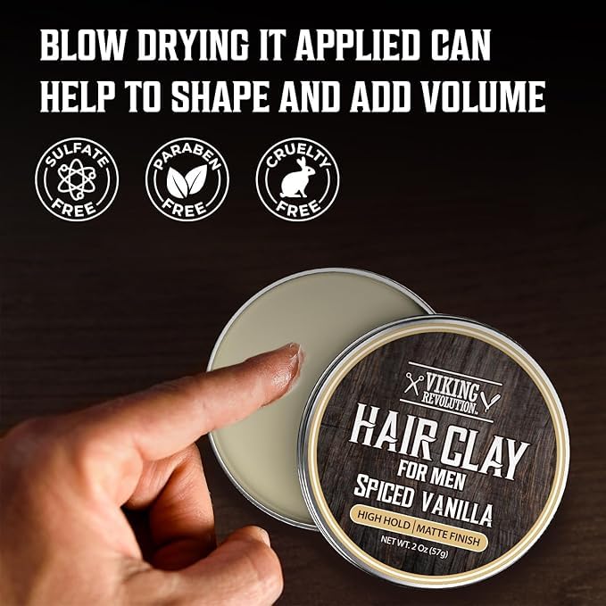 Image of Viking Revolution Spiced Vanilla Hair Clay for Men - Matte Finish, Texturizing Clay Pomade for Men with Jojoba Oil and Vitamin E - Effortless Hair Styling Cream - Strong Hold, Natural Finish (2 oz)