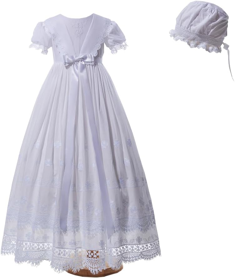 Baby Girls Baptism Delicate Cotton Christening Gown with Hat for NB-12 Months