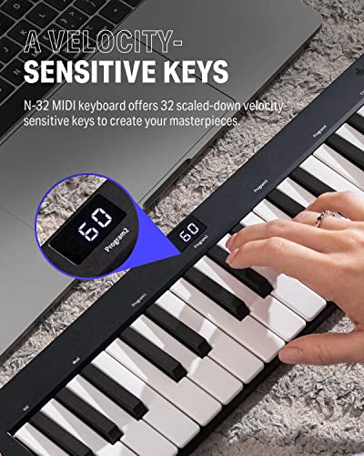 Image of Donner USB MIDI Keyboard Controller Mini 32-Key N-32 with Screen, Sequencer, Chord, Bend Sound Effects by Light-up Joystick for Mac /PC, Music Production Software, 40 Teaching Courses