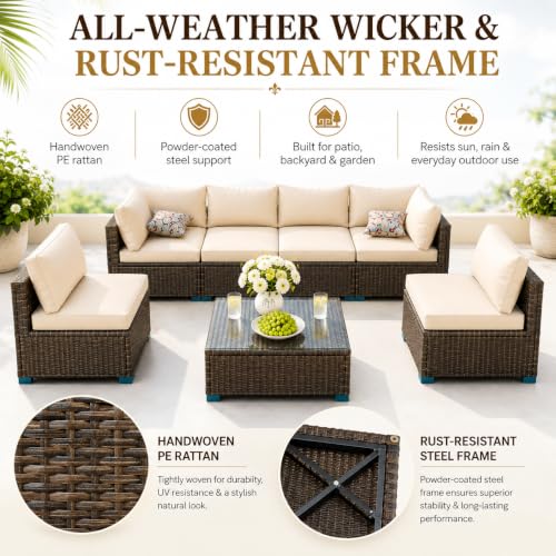 Image of 7 Piece Outdoor Sectional Outdoor Patio Furniture Set, Outdoor Patio Furniture Set with Coffee Table, Sectional Couch Sofa with Cushions, Wicker Outdoor Conversation Set for Backyard & Garden, Brown