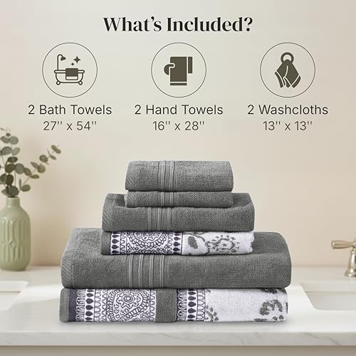Image of Modern Threads 6 Piece Bath Towel Set - Bathroom Set with 2 Bath Towels, 2 Hand Towels, and 2 Wash Cloths - 100% Cotton, Super Absorbent & Extra Soft - Reversible Floral Trail (Gray)