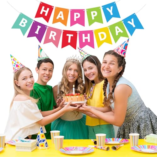 Image of Fecedy Colorful Happy Birthday Banner Bunting Pre-Strung No DIY for Birthday Party Decorations (Multi)