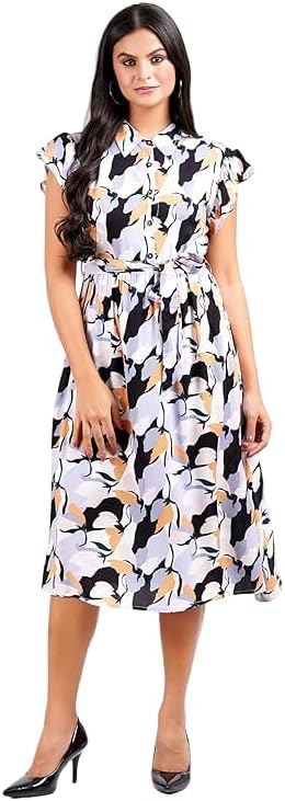 CHARMSROADWomen's Floral Print Midi Dress with Belt, Dress