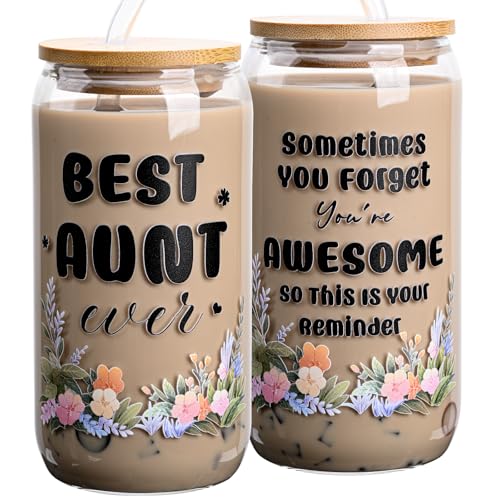 Gifts for Aunt Mothers Day Birthday Christmas gifts for aunt from Niece Nephew Unique Gift Ideas for Auntie Aunty Gift for New Aunts Announcement Coffee Glass Cup Mug Jar 16 Oz