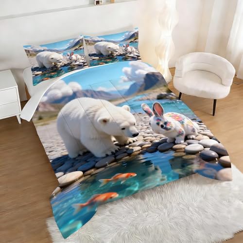 Image of Cute Animal Comforter Set Full Size Kids Bedding Sets for Girls Boys Teens Bedroom 3D Nature Wildlife Mountain Stream Bear Rabbit Quilt 1 Comforter 2 Pillowcases