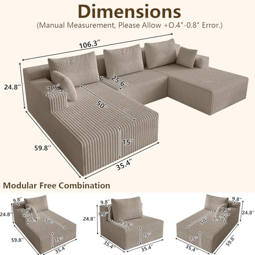 Image of 107 inch Modular Sectional Sleeper Sofa, Boneless Cloud Couch for Living Room, U Shaped 3 Seat Sofa with Deep Seat, Free Combination, Couch in a Box, No Assembly Required (Camel)