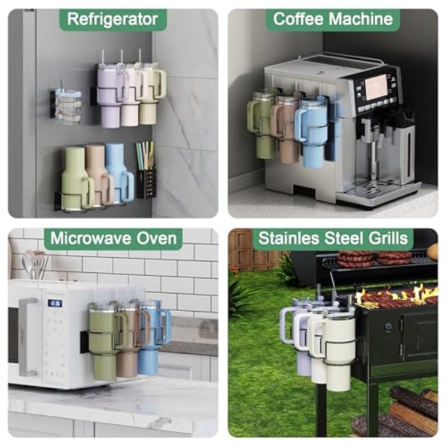 Magnetic Cup Holder for Fridge, Aufworld Tumbler Organizer Fits 20/30/40 oz Stanley Cups, Accessory Storage with Lid & Straw Holder, Space-Saving Storage Rack for Kitchen Fridge